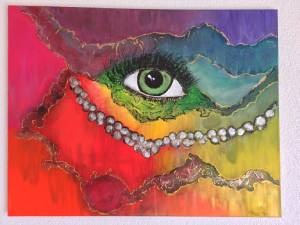 Bild gemalt von Christina Rösli. Es ist ein abstraktes regenbogenfarbenes Bild mit einem menschlichen Auge in der Mitte.